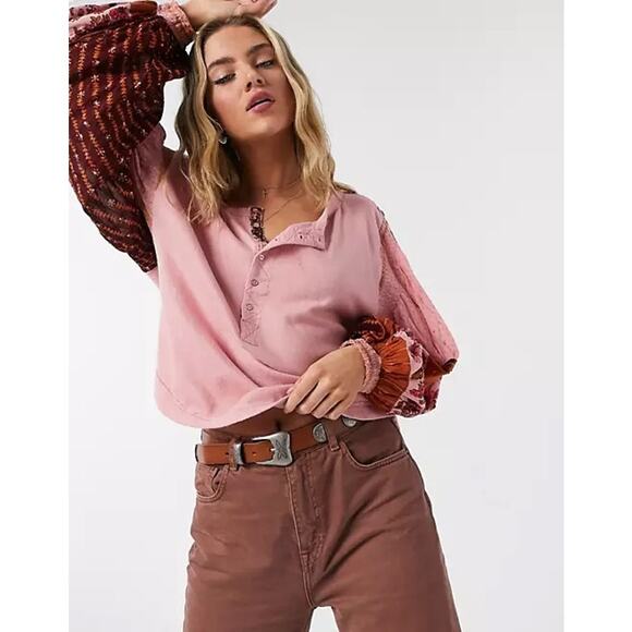 Free People Light Magic Henley Top Women's Blouse XS Pink Floral Peasant Boho - Picture 8 of 11